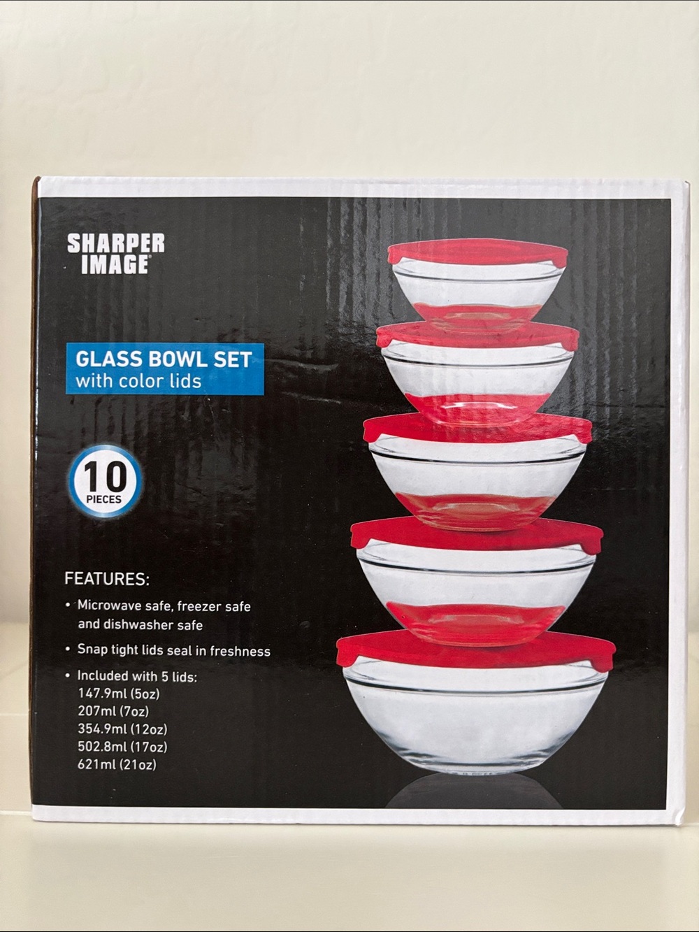 New Sharper Image Glass Bowl Set with Red Lids - Clear Bowls